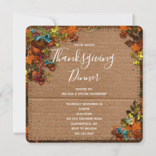 Invitation Fleurs Rustiques et Acorns Dîner Thanksgiving