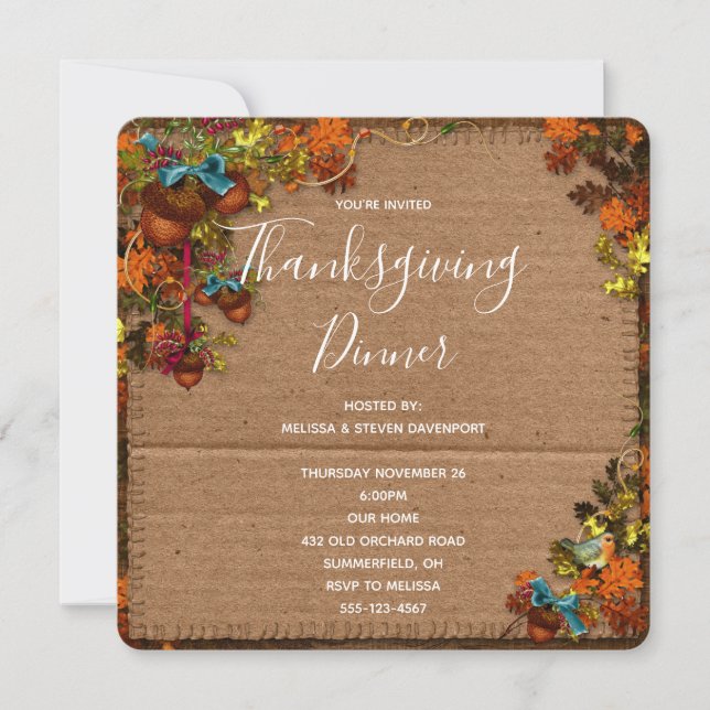Invitation Fleurs Rustiques et Acorns Dîner Thanksgiving (Devant)
