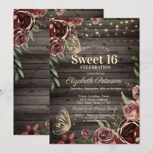 Invitation Fleurs Rustiques Papillons Pailletés Bois Douce 16