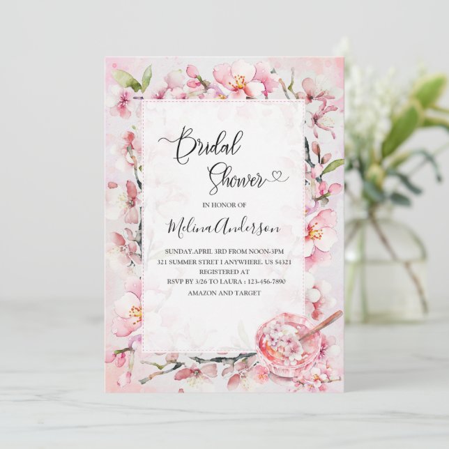 Invitation Fleurs Sakura printemps et bri d'aquarelle dessert (Debout devant)