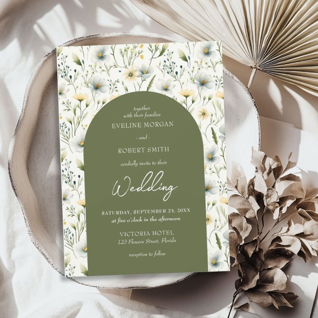 Invitation Fleurs sauvages aériennes vert olive et blanches a (Aerial olive green and white wild flowers arched invitation)