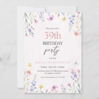 Invitation Fleurs sauvages aquarelle pastel floral 39e annive