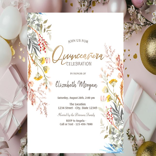 Invitation Fleurs sauvages aquarelle Prairie séchée Quinceañe (Créateur téléchargé)