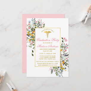 Invitation Fleurs sauvages aquarelle rose or infirmière remis