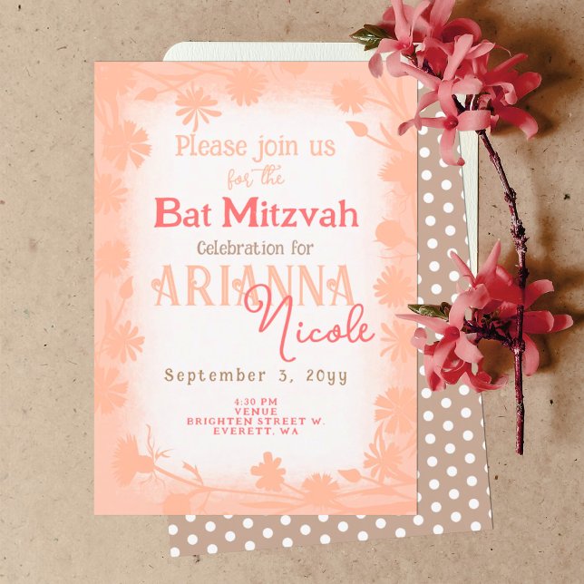 Invitation Fleurs sauvages beiges Pêcher Bat mitzvah Pois (Chic Peach, Beige Floral, Polka Dots Bat Mitzvah Invitation, Stylish Script Writing, Wild Flowers)