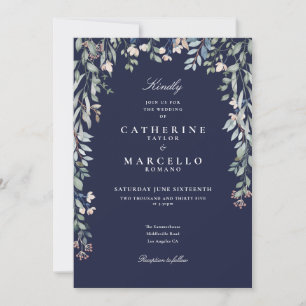 Invitation Fleurs sauvages bleu marine Code QR Mariage