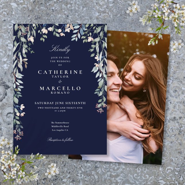 Invitation Fleurs sauvages bleu marine Floral Mariage photo (Navy Blue Wildflowers Floral Photo Wedding Invitation)