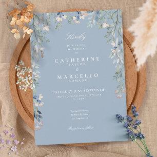 Invitation Fleurs sauvages bleu poussiéreux aquarelle mariage