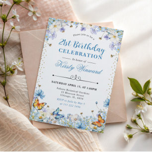 Invitation Fleurs Sauvages Bleues et Blanches & Papillons Ann