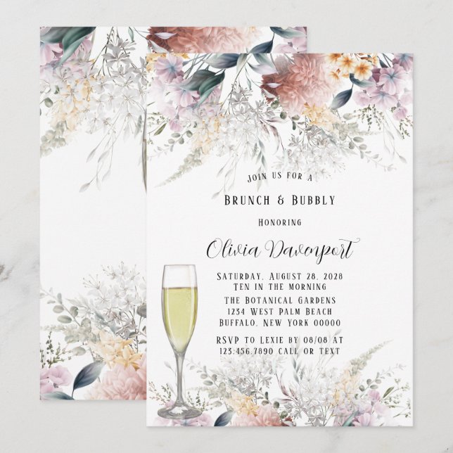 Invitation Fleurs sauvages botaniques rustiques Brunch & Bubb (Devant / Derrière)