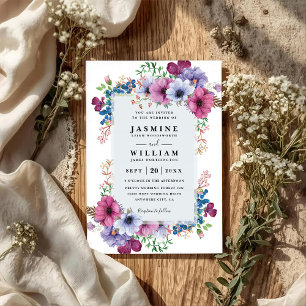 Invitation Fleurs sauvages Bouquet Violet Mariage Code QR Élé