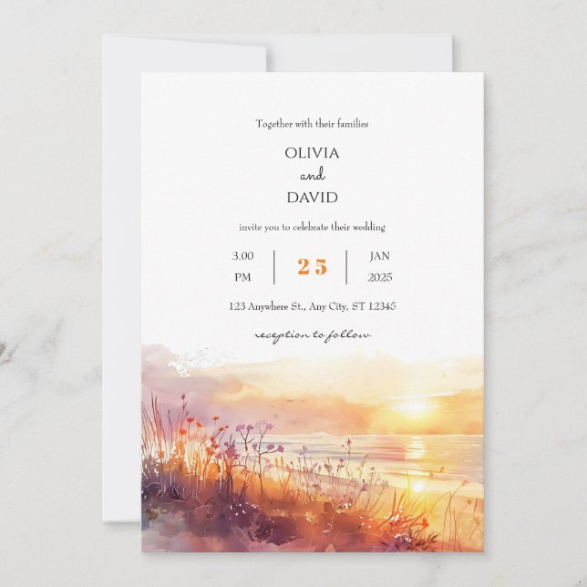 Invitation Fleurs sauvages côtiers à Sunset Art Beach Wedding (Devant)
