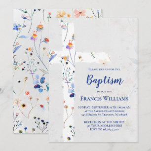 Invitation fleurs sauvages croix sur gris aquarelle Baptême