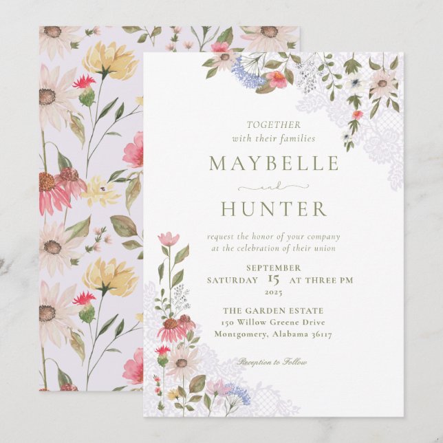 Invitation Fleurs sauvages d'aquarelle, Mariage de feuillage  (Devant / Derrière)