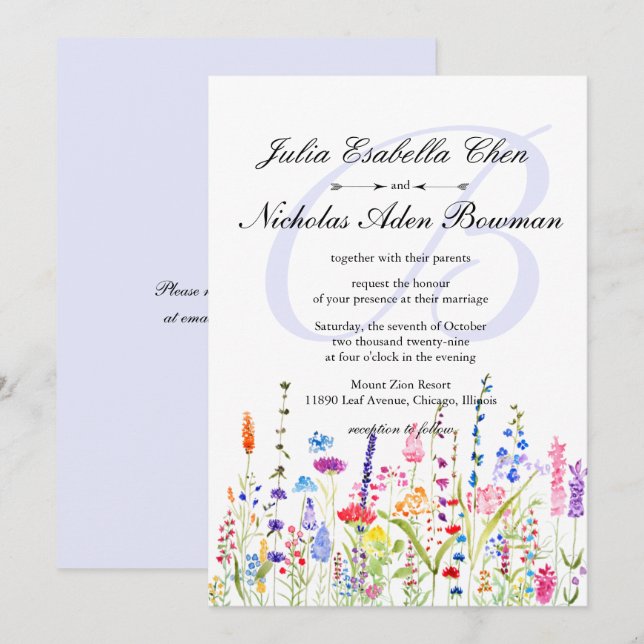 Invitation Fleurs sauvages d'aquarelle Monogramme Mariage de  (Devant / Derrière)