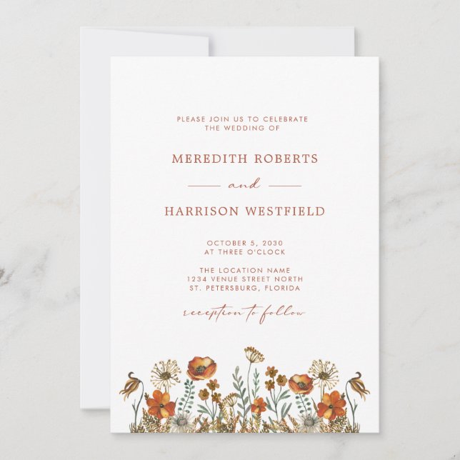 Invitation Fleurs sauvages d'automne délicats Mariage simple  (Devant)