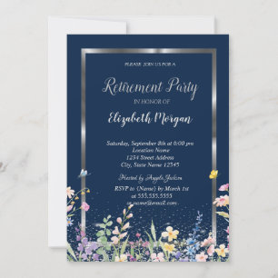 Invitation Fleurs sauvages de cadre argenté Bleu marine Retra