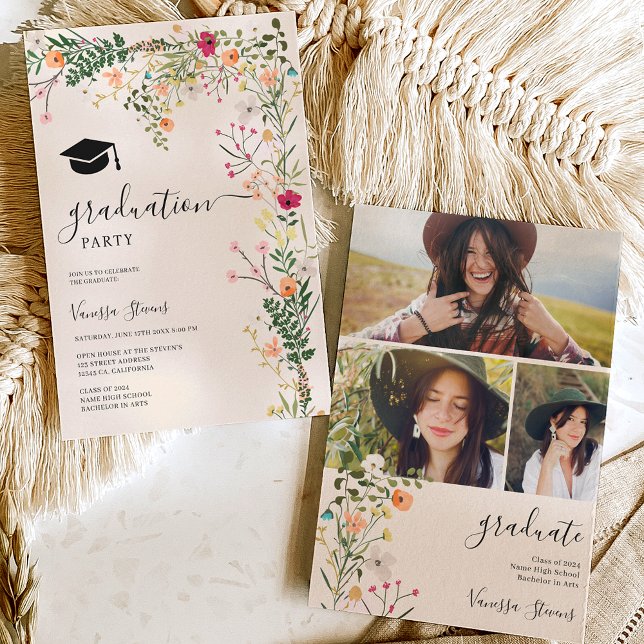 Invitation Fleurs sauvages de la prairie bohème graduation de (Bohemian meadow wild flowers spring graduation invitation)