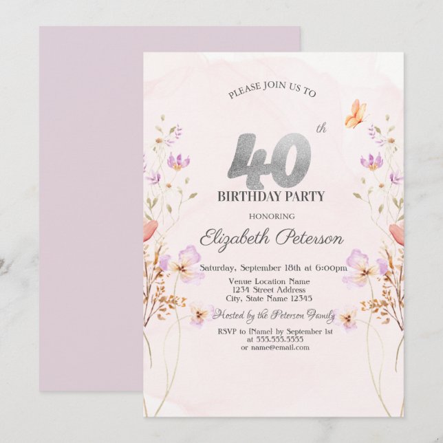 Invitation Fleurs sauvages de lilas à l'aquarelle 40e anniver (Devant / Derrière)