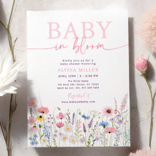 Invitation Fleurs sauvages de prés roses bébé dans le Baby sh