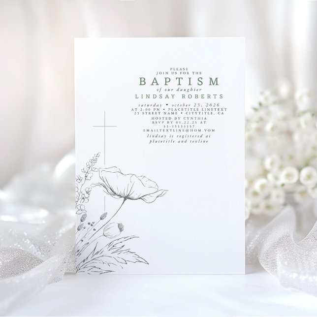 Invitation Fleurs sauvages dessinés à la main Élégant Sage Ba (Wildflowers Green Baptism Invitations)