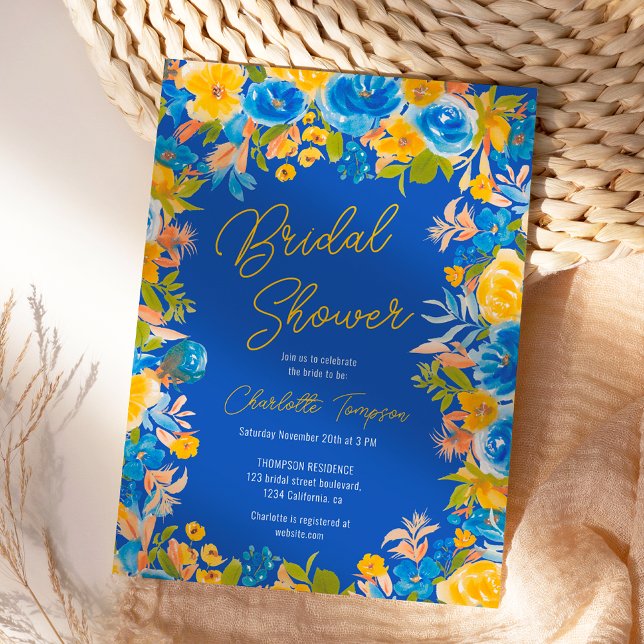 Invitation Fleurs sauvages du pays brillant script douche nup (Bright country wild flowers script bridal shower invitation on blue)