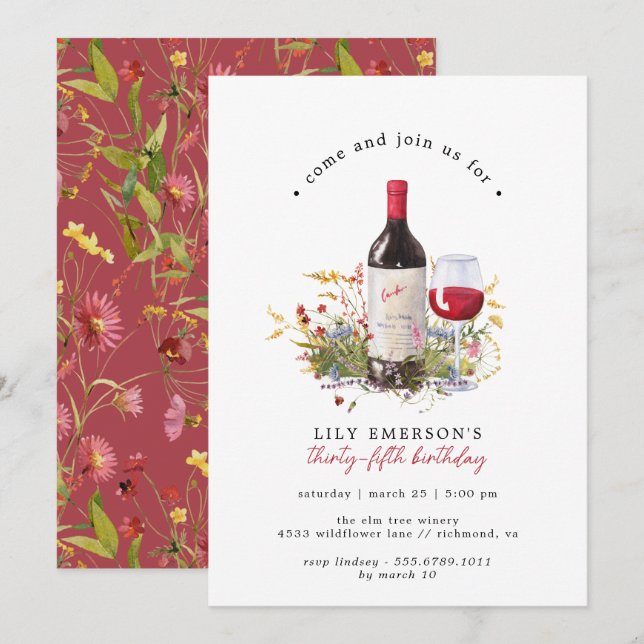 Invitation Fleurs sauvages du vin rouge | Tout Âge Adulte Nai (Devant / Derrière)