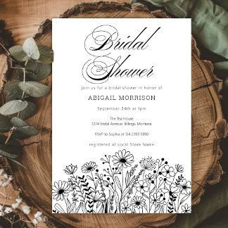 Invitation Fleurs Sauvages Élégantes Fête de Mariage Noir et