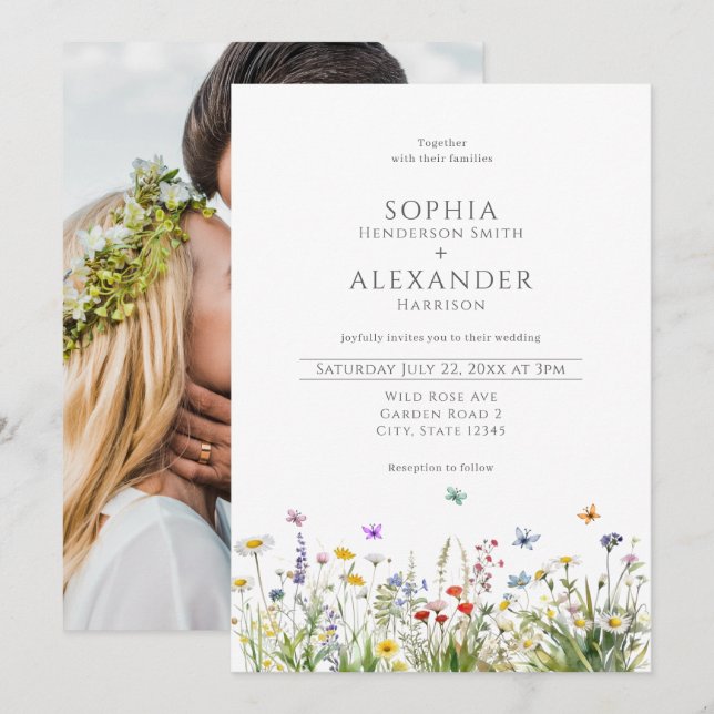 Invitation Fleurs sauvages et Mariage photo (Devant / Derrière)