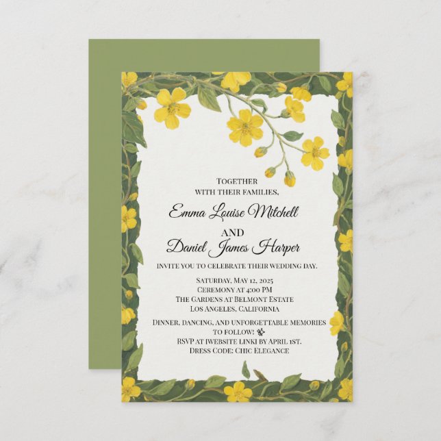 Invitation Fleurs sauvages florales jaune vert élégant (Devant / Derrière)