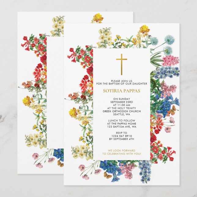 Invitation Fleurs sauvages Grec Orthodoxe Christening Baptême (Devant / Derrière)