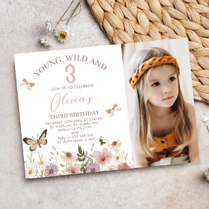 Invitation Fleurs sauvages photo rose rustique 3e anniversair
