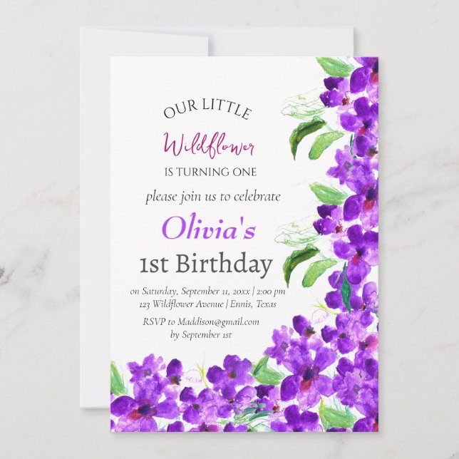Invitation Fleurs sauvages pourpres 1er premier anniversaire  (Devant)