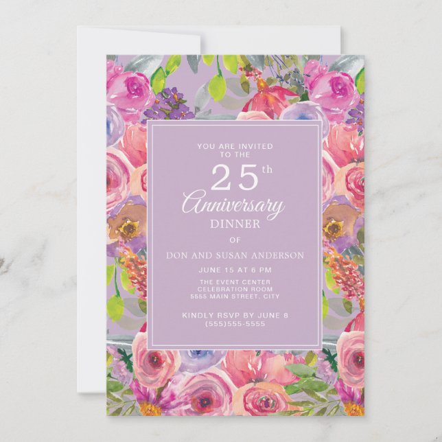 Invitation Fleurs sauvages rose violet 25e anniversaire de Ma (Devant)