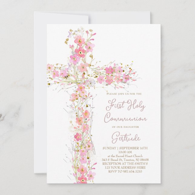 Invitation fleurs sauvages roses croisent la première sainte  (Devant)