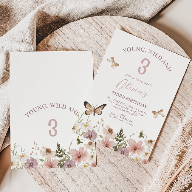Invitation Fleurs sauvages roses violettes rustiques 3e anniv (Wildflowers Young, Wild and Three Birthday Invitation, Wildflowers 3rd Birthday Invitation Template)