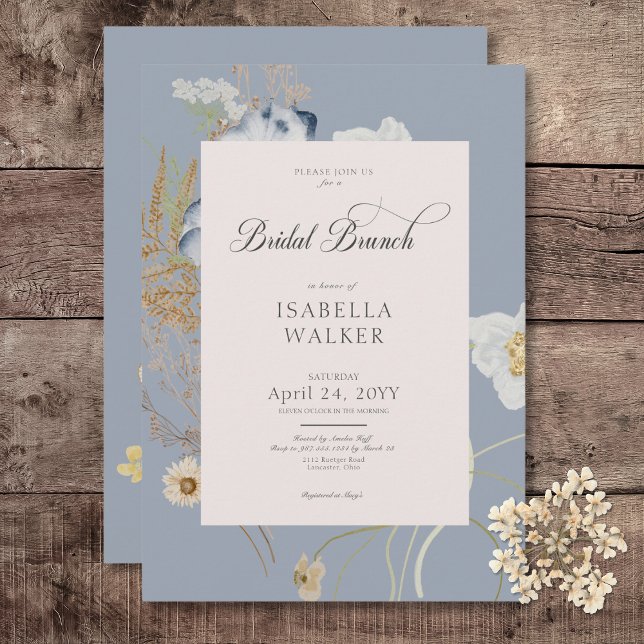 Invitation Fleurs sauvages rustiques sur Dusty Blue Bridal Br (Rustic Wildflowers on Dusty Blue Bridal Brunch Invitation)