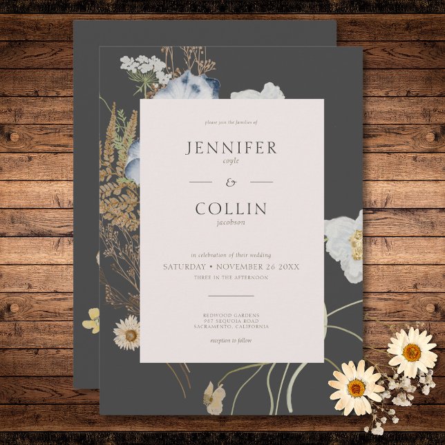 Invitation Fleurs sauvages rustiques sur Mariage de charbon (Rustic Wildflowers on Charcoal Wedding Invitation)
