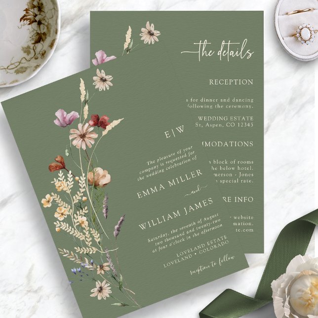 Invitation Fleurs sauvages Whimsical Sage Vert Tout En Un (Whimsical Wildflowers Sage Green  Boho Wedding Invitation Details by Painted Paperie
)