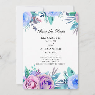 Invitation Fleurs sauvent la date. Mariage violet et bleu