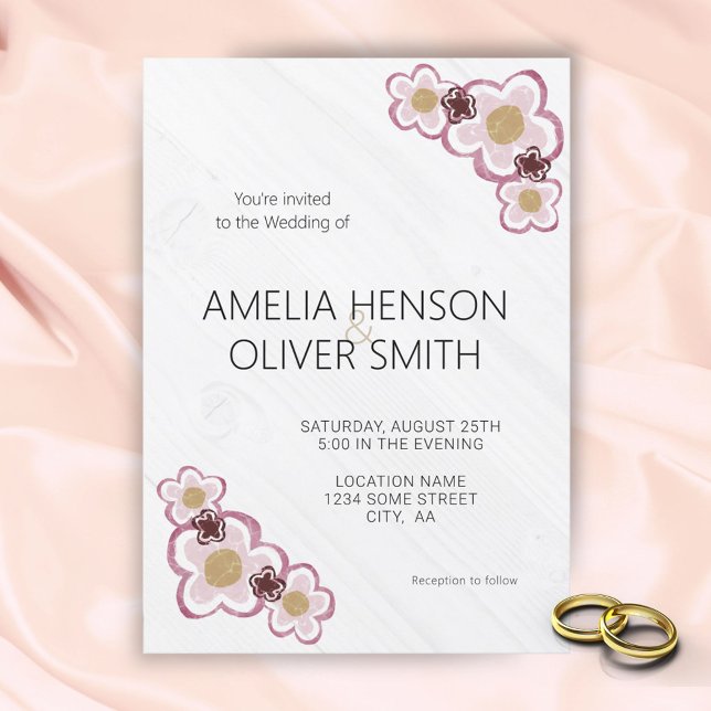 Invitation Fleurs Simples Mariage Texture Bois  (Créateur téléchargé)