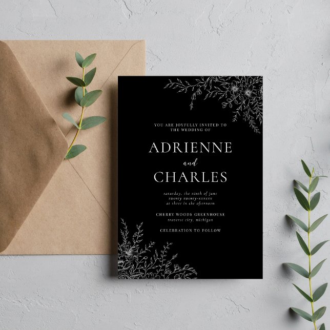 Invitation Fleurs Simplicité 1 Mariage Minimaliste Noir (Créateur téléchargé)