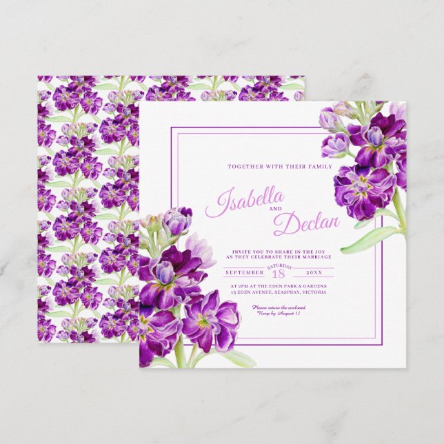 Invitation Fleurs stocks violettes aquarelle mariage d'art (Devant / Derrière)