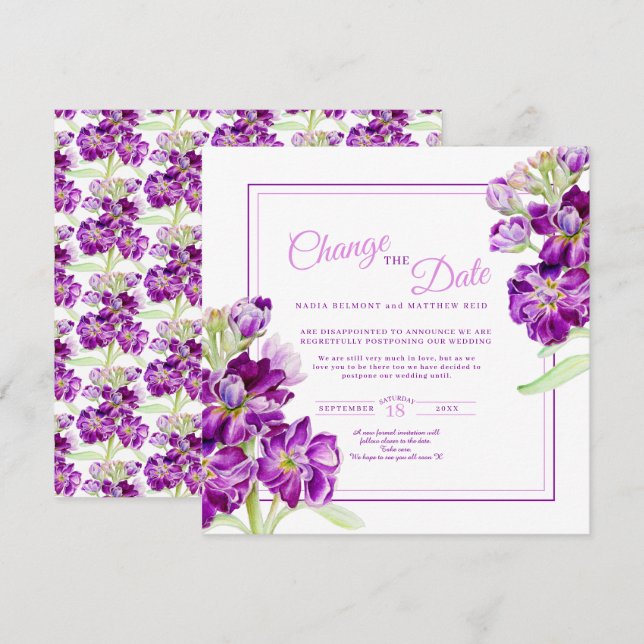Invitation Fleurs stocks violettes art mariage changer la dat (Devant / Derrière)