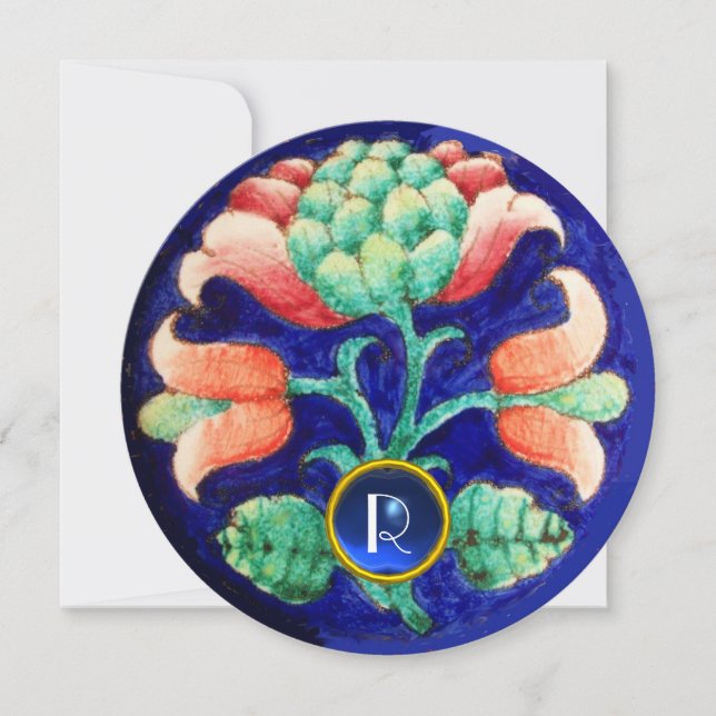 INVITATION FLEURS STYLISÉES / ROSE VERT BLEU GEM MONOGRAM (Devant)