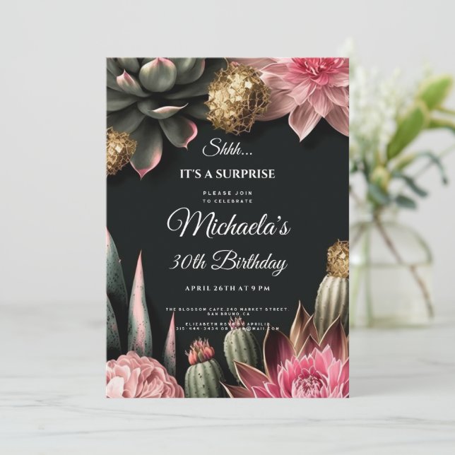 Invitation Fleurs succulentes fête surprise d'anniversaire Fl (Debout devant)