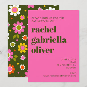 Invitation Fleurs super rétro brillant rose gras Bat mitzvah