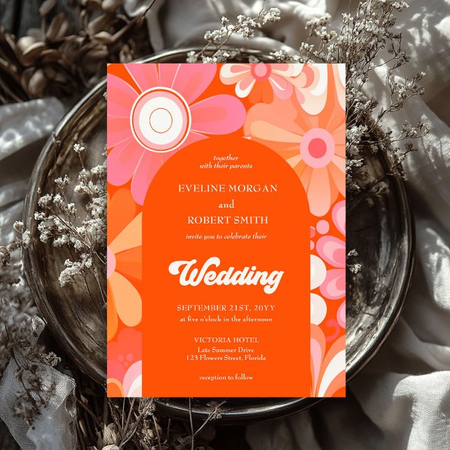 Invitation Fleurs super rétro jaune orange et rose (Retro groovy orange yellow and pink flowers invitation)