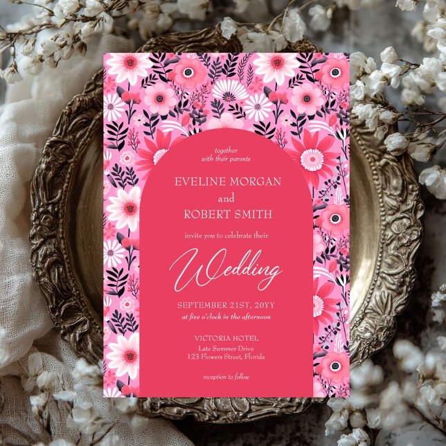 Invitation Fleurs super rétro rose chaud et blanc (retro groovy hot pink and white flowers wedding invitation)
