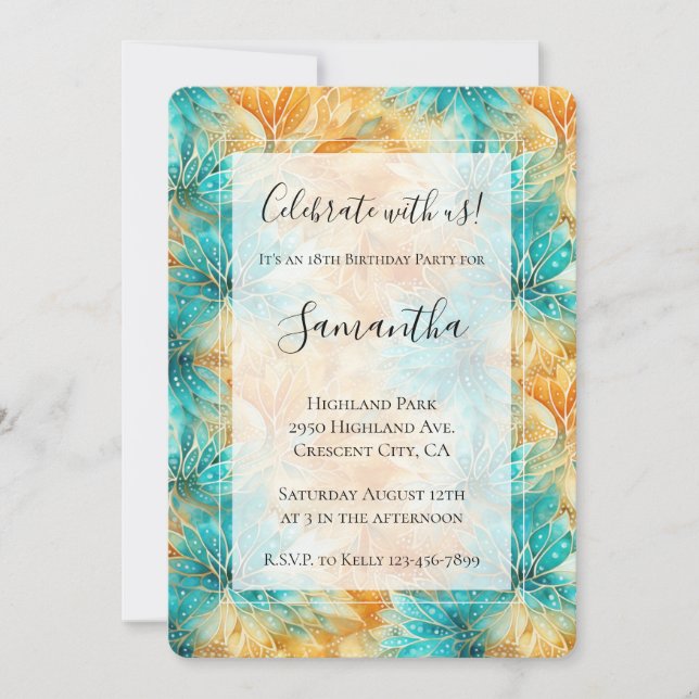 Invitation Fleurs Tangerines Turquoise Anniversaire (Devant)